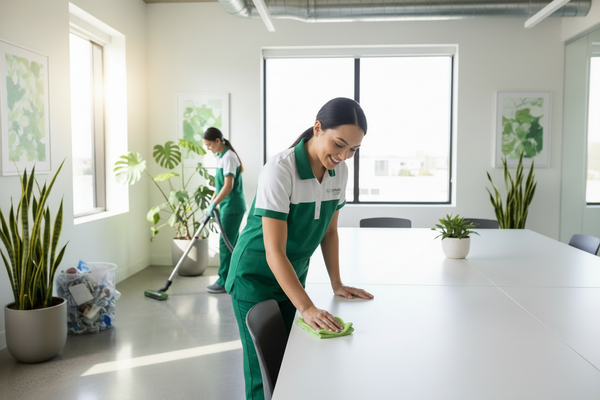 Professionnelle de nettoyage Bioshine en action dans un bureau