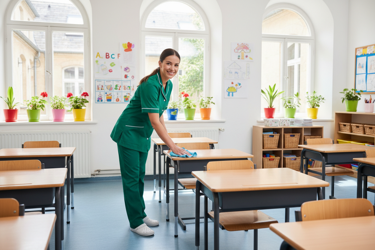 Professionnelle Bioshine nettoyant une salle de classe lumineuse