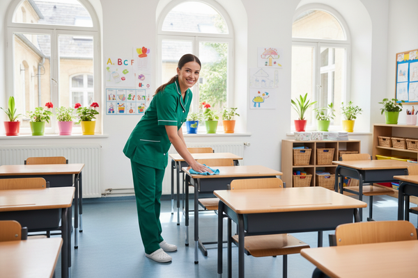 Professionnelle Bioshine nettoyant une salle de classe lumineuse